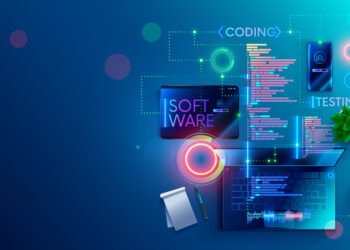 Software development coding process concept. Programming, testing cross platform code, app on laptop, tablet, phone. Create, editing script desktop and mobile devices. Technology software of business.