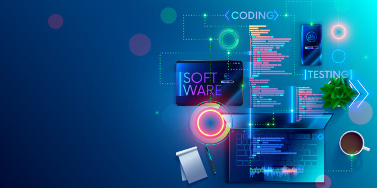 Software development coding process concept. Programming, testing cross platform code, app on laptop, tablet, phone. Create, editing script desktop and mobile devices. Technology software of business.