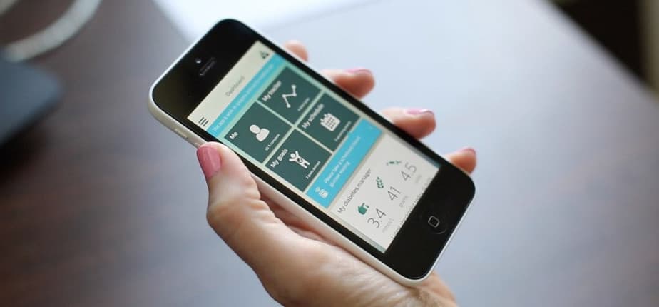 A hand with a smartphone with a medical app on the screen